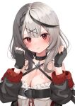  1girl :t absurdres beltbra black_gloves blush braid breasts cleavage daily_(daily178900) fingerless_gloves gloves grey_hair hair_ornament heart highres hololive hood hoodie large_breasts pout red_eyes sakamata_chloe virtual_youtuber x_hair_ornament 