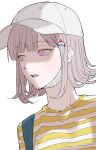  1girl absurdres alternate_costume bangs brown_hair danganronpa_(series) danganronpa_2:_goodbye_despair galaga grey_background grey_headwear hair_ornament highres nanami_chiaki o_m3c open_mouth pink_eyes shirt short_hair simple_background solo striped striped_shirt teeth white_shirt yellow_shirt 