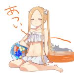  1girl :o abigail_williams_(fate) abigail_williams_(swimsuit_foreigner)_(fate) animal arm_support ball bangs bare_arms bare_legs bare_shoulders barefoot beachball bikini black_cat blonde_hair bow cat closed_eyes collarbone fate/grand_order fate_(series) food forehead fruit hair_bow highres innertube long_hair navel parted_bangs parted_lips sidelocks signature simple_background sitting sofra solo sweat swimsuit twintails twitter_username very_long_hair wariza watermelon white_background white_bikini white_bow 