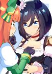  2girls animal_ears aqua_eyes bangs black_gloves black_hair blue_background blue_eyes blunt_bangs breast_awe breast_poke collarbone commentary dirndl ear_covers ear_scrunchie eishin_flash_(umamusume) finger_to_another&#039;s_chest german_clothes german_commentary gloves green_sailor_collar hair_ornament hairband highres horse_ears horse_girl long_hair long_sleeves mixed-language_commentary motion_lines multiple_girls orange_hair outside_border poking sailor_collar short_hair silence_suzuka_(umamusume) sweatdrop umamusume white_hairband whitelily_bread 