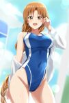  1girl :d adjusting_hair asuna_(sao) blue_swimsuit blurry blurry_background braid braided_ponytail breasts brown_eyes brown_hair clothes_down collarbone competition_swimsuit contrapposto covered_navel cowboy_shot day highleg highleg_swimsuit highres jacket lens_flare lieass long_hair looking_at_viewer medium_breasts one-piece_swimsuit open_mouth outdoors ponytail shiny shiny_hair smile solo swimsuit sword_art_online very_long_hair white_jacket 