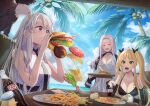  3girls azur_lane bangs bare_shoulders blue_sky breasts cleavage closed_mouth cloud collarbone commentary_request day enterprise_(azur_lane) grim_(azur_lane) hair_between_eyes hornet_(azur_lane) looking_at_another midriff multiple_girls open_mouth parted_bangs sidelocks sitting sky smile standing tohko upper_body yorktown_(azur_lane) 