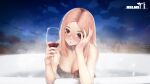  1girl absurdres alcohol black_eyes blonde_hair blush breasts cleavage cloud commentary_request cup drinking_glass hand_on_own_cheek hand_on_own_face hands_up highres holding holding_cup jungon_kim korean_commentary large_breasts long_hair looking_at_viewer mole mole_under_eye nail_polish night nose_blush open_mouth original outdoors partially_submerged pink_nails red_wine solo upper_body water wet wine wine_glass 