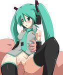  1girl bottomless breasts censored cl-55 green_eyes green_hair hatsune_miku headphones hetero long_hair medium_breasts mosaic_censoring necktie no_panties penis sex solo_focus sweat thighhighs twintails vaginal vocaloid 