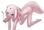  1girl all_fours artist_request axolotl breasts disembodied_penis fellatio hanging_breasts hetero large_breasts monster_girl nude oral original penis salamander simple_background solo_focus white_background 
