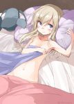  1girl bangs blonde_hair blue_eyes blush collarbone commentary_request eyebrows_visible_through_hair garrison_cap hat kantai_collection long_hair looking_away lying navel on_back on_bed pillow solo suka u-511_(kantai_collection) 