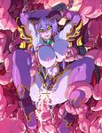  abs astaroth_(shinrabanshou) black_sclera blue_skin blush boots breast_licking breasts censored chain cum cum_in_pussy highres horns huge_breasts lactation licking muscle pointless_censoring potion_(moudamepo) purple_footwear shinrabanshou solo tentacles thighhighs yellow_eyes 