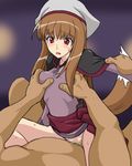  1girl bottomless breast_grab breasts brown_hair censored cl-55 clothed_sex cowgirl_position fang girl_on_top grabbing hat hetero holo long_hair lowres medium_breasts mosaic_censoring no_panties pov red_eyes sex solo_focus spice_and_wolf straddling tail vaginal 