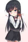  1girl asashio_(kantai_collection) belt black_dress black_hair blue_eyes blush chocolate chocolate_heart cowboy_shot dress eyebrows_visible_through_hair food gradient gradient_background heart highres holding holding_food kantai_collection long_hair long_sleeves neck_ribbon open_mouth pinafore_dress pink_background red_ribbon remodel_(kantai_collection) ribbon rokosu_(isibasi403) school_uniform shirt solo valentine white_background white_shirt 