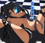  bad_id bad_pixiv_id bdsm bikini_top black_hair black_rock_shooter black_rock_shooter_(character) blue_eyes bondage bound breasts chain glowing glowing_eyes kosame_daizu large_breasts long_hair lying no_panties on_back open_clothes open_shorts pussy_peek scar short_shorts shorts solo spread_legs stitches twintails unzipped 