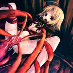  ahoge blonde_hair censored cum cum_in_pussy cumdrip facial_mark forehead_mark highres hitomaru large_insertion nil-eve object_insertion open_clothes open_shirt original pussy rape red_eyes shirt short_hair spread_legs stomach_bulge tears tentacles thighhighs white_legwear 