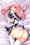  after_sex ass bottomless breasts cum cum_on_ass cum_on_body cum_on_breasts cum_on_upper_body facial large_breasts long_hair lying maid maki_(seventh_heaven_maxion) original pink_hair red_eyes shirt_pull solo thighhighs wrist_cuffs 