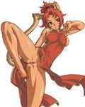  animal_ears breasts brown_eyes cat_ears censored china_dress chinese_clothes dress final_fantasy final_fantasy_xi gochou_(kedama) hair_up large_breasts leg_lift legs mithra mosaic_censoring no_bra no_panties pussy red_hair shiny shiny_skin sideboob simple_background solo tail 