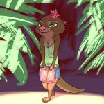  2019 absurd_res anthro barefoot clothed clothing disney female flower fur green_eyes hi_res kris_(zootopia) looking_at_viewer mammal mustelid nemo otter plant shirt shorts smile standing tank_top text whiskers zootopia 