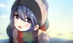  1girl :d beanie blue_hair hat mint_(mintlemonade3) outdoors portrait purple_eyes scarf shima_rin sky smile solo yurucamp 