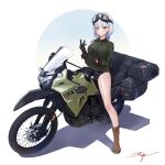 1girl bangs blue_hair blunt_bangs blush boots breasts brown_gloves facial_mark girls&#039;_frontline gloves goggles goggles_on_head green_eyes ground_vehicle hair_ornament highres hk416_(girls&#039;_frontline) long_hair looking_at_viewer motor_vehicle motorcycle ranyu shorts sitting solo 