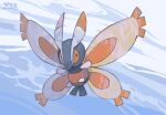  bright_pupils bug commentary_request full_body grey_background mothim no_humans orange_eyes oyasuminjyutsu pokemon pokemon_(creature) sideways_glance signature solo 