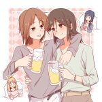  4girls alcohol arm_around_shoulder bangs beer beer_mug belt black_hair blonde_hair blue_eyes blue_hair blush brown_hair brown_pants closed_eyes closed_mouth collarbone crossed_arms cup green_shirt grey_shirt hair_ribbon hand_up hibike!_euphonium holding holding_cup kasaki_nozomi liz_to_aoi_tori long_hair long_sleeves looking_at_another mug multiple_girls nakagawa_natsuki pants parted_lips pink_shirt purple_eyes ribbon sawara65 shirt sigh smile thought_bubble watch white_pants yellow_ribbon yoroizuka_mizore yoshikawa_yuuko 