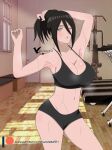  1girl agung911 armpits arms_up black_hair blurry blurry_background breasts cleavage dripping exercise_machine gym hair_between_eyes highres holding holding_hair hyuuga_hanabi indoors large_breasts looking_at_viewer naruto naruto_(series) one_eye_closed parted_lips patreon_username pixelated ponytail purple_eyes sidelocks signature sports_bra stomach sweat wet window workout_clothes 