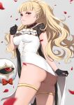  1girl ass bare_shoulders blonde_hair blush bow bowtie breasts choker commission earrings eitri_(fire_emblem) fire_emblem fire_emblem_heroes gloves grey_background highres jewelry kauru00 looking_at_viewer medium_breasts no_panties ponytail red_eyes thigh_strap thighs upper_body 