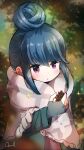  1girl blue_hair blurry blurry_background fingerless_gloves gloves hair_bun highres holding mint_(mintlemonade3) outdoors pinecone purple_eyes shawl shima_rin solo triangle_mouth yurucamp 