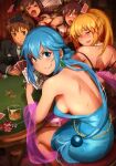  1boy 4girls :| alcohol aqua_(konosuba) back bangs bare_shoulders black_bra black_jacket black_panties blonde_hair blue_dress blue_eyes blue_hair blush bow bow_panties bra breasts brown_hair casino_card_table chair cheating_(competitive) closed_eyes closed_mouth commentary darkness_(konosuba) dress dress_shirt english_commentary feet_out_of_frame formal furrowed_brow green_eyes green_necktie hair_between_eyes hair_bobbles hair_ornament halterneck highres indoors jacket jewelry khyle. kono_subarashii_sekai_ni_shukufuku_wo! long_hair long_sleeves looking_at_another looking_at_viewer median_furrow medium_breasts megumin multiple_girls necklace necktie object_on_head off_shoulder open_mouth paid_reward_available panties panties_on_head panties_removed parted_lips pearl_necklace pink_bow pink_lips poker poker_table ponytail red_eyes satou_kazuma shiny shiny_clothes shirt short_dress short_eyebrows short_hair short_hair_with_long_locks shoulder_blades sideboob sidelocks sitting smile straight_hair strip_game strip_poker suit tsurime underwear upper_body v-shaped_eyebrows very_long_hair wavy_mouth white_shirt x_hair_ornament yunyun_(konosuba) 