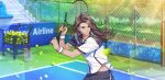  1boy afterl!fe ball brown_hair dark-skinned_male dark_skin facing_to_the_side highres kirr_(afterl!fe) long_hair looking_to_the_side male_focus official_art playing_sports racket second-party_source solo tennis tennis_ball tennis_court tennis_racket yellow_eyes 