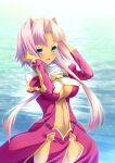  1girl absurdres arms_up blue_eyes blush breasts center_opening china_dress chinese_clothes cleavage dark-skinned_female dark_skin dress facial_mark forehead forehead_mark hair_intakes highres koihime_musou long_hair maijin_(ayisaka) navel no_panties open_mouth pink_hair red_dress smile solo sonken thighs water wind 