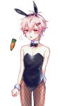  1boy afterl!fe animal_ears blush carrot crossdressing fake_animal_ears highres hwaen male_focus male_playboy_bunny open_mouth otoko_no_ko pink_eyes pink_hair rabbit_ears rabbit_tail short_hair sian_(afterl!fe) solo tail white_background 