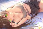  1girl bangs bare_shoulders black_shorts blush breasts camisole cleavage closed_mouth green_eyes large_breasts long_hair looking_at_viewer lying navel niwatori_(satoru0201) on_bed on_side original petals shorts solo squiggle strap_slip very_long_hair 