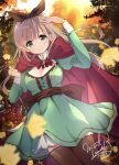  1girl autumn_leaves basket blonde_hair blurry blurry_foreground bow breasts cape cleavage green_eyes hair_bow large_breasts long_hair mint_(mintlemonade3) original smile solo thighhighs 