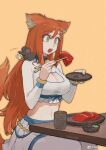  1girl absurdres animal_ears animal_on_shoulder artist_name brown_hair cat_cutout cheese chopsticks cleavage_cutout clothing_cutout cowboy_shot crop_top cup eating food green_eyes hair_between_eyes highres holding holding_chopsticks holding_food holding_plate jenna_lynn_meowri jun_(seojh1029) long_hair long_sleeves midriff mouse mouse_on_shoulder navel open_mouth orange_background original plate pleated_skirt sidelocks simple_background sitting skirt solo table tail upper_body very_long_hair weibo_logo weibo_username white_skirt 