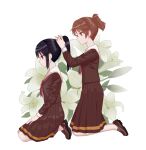  2girls absurdres adjusting_hair bangs black_hair brown_eyes brown_footwear brown_hair brown_shirt brown_skirt closed_mouth expressionless flower hands_in_hair hands_up hibike!_euphonium highres kitauji_high_school_uniform kneeling kousaka_reina lily_(flower) loafers long_hair long_sleeves looking_at_another multiple_girls neckerchief oumae_kumiko pleated_skirt ponytail purple_eyes red_neckerchief sailor_collar school_uniform serafuku shirt shoes short_hair skirt syouko_jiaozijun uniform white_flower white_sailor_collar yuri 