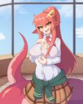  1girl :d blush breasts cleavage earrings fang hair_between_eyes head_tilt highres jewelry lamia large_breasts long_hair looking_at_viewer miia_(monster_musume) monster_girl monster_musume_no_iru_nichijou necktie open_mouth orange_eyes pleated_skirt pointy_ears ponytail red_hair rooftop scales school sidelocks skirt slit_pupils smile solo tail unbuttoned unbuttoned_shirt vadaboob very_long_hair 