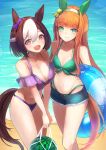  2girls absurdres animal_ears aqua_eyes beach bikini blue_ribbon blue_shorts breasts brown_hair cleavage commentary_request cowboy_shot denim denim_shorts ear_covers green_bikini highres hime_cut horse_ears horse_girl horse_tail innertube long_hair medium_breasts multiple_girls orange_hair purple_bikini purple_eyes ribbon sashimi0gou short_hair shorts sidelocks silence_suzuka_(umamusume) small_breasts special_week_(umamusume) standing swimsuit tail umamusume 