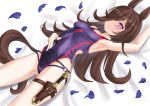  1girl animal_ears black_swimsuit brown_hair commentary_request competition_swimsuit dagger hair_over_one_eye highres holster horse_ears horse_girl horse_tail knife long_hair lying miya_(miya-pi) one-piece_swimsuit petals purple_eyes rice_shower_(umamusume) solo swimsuit tail thigh_holster umamusume weapon 
