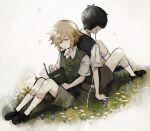  2boys back-to-back bandaid basil_(omori) black_footwear blonde_hair book bug butterfly crying earphones empty_eyes green_shorts green_sweater_vest highres male_focus miyashita_miro multiple_boys omori on_grass shared_earphones shirt short_sleeves shorts sitting socks sunny_(omori) sweater_vest tears white_shirt 