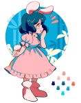  1girl :3 :d animal_ears blue_hair dress from_side full_body highres inaba_tewi profile puffy_short_sleeves puffy_sleeves rabbit_ears rune066 short_sleeves sideways_mouth simple_background smile solo standing touhou white_background 