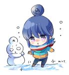  1girl blue_hair blush character_snowman chibi hair_bun ice jacket mint_(mintlemonade3) purple_eyes scarf shima_rin snowman solo white_background yurucamp 
