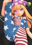  1girl american_flag_dress american_flag_legwear black_background blonde_hair closed_mouth clownpiece dress fairy fairy_wings hat highres huxiao_(mistlakefront) jester_cap long_hair pantyhose pink_eyes pink_headwear polka_dot polka_dot_headwear short_sleeves signature simple_background smile solo split standing standing_on_one_leg standing_split star_(symbol) star_print striped striped_dress striped_pantyhose touhou wings 
