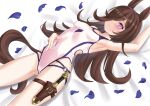  1girl animal_ears armpits brown_hair commentary_request competition_swimsuit dagger hair_over_one_eye highres holster horse_ears horse_girl horse_tail knife long_hair lying miya_(miya-pi) one-piece_swimsuit petals purple_eyes rice_shower_(umamusume) solo swimsuit tail thigh_holster umamusume weapon white_swimsuit 