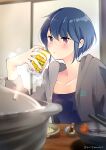  1girl absurdres alcohol blue_hair blurry blurry_background blurry_foreground can depth_of_field food highres hood hoodie mint_(mintlemonade3) nabe older purple_eyes shima_rin short_hair solo yurucamp 