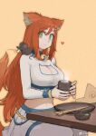  1girl absurdres animal_ears animal_on_shoulder artist_name breasts brown_hair cat_cutout cheese chopsticks cleavage cleavage_cutout closed_mouth clothing_cutout cowboy_shot crop_top cup food green_eyes hair_between_eyes heart highres holding holding_cup jenna_lynn_meowri jun_(seojh1029) long_hair long_sleeves looking_at_viewer midriff mouse mouse_on_shoulder navel open_mouth orange_background original plate pleated_skirt sidelocks simple_background sitting skirt smile solo steam table tail very_long_hair weibo_logo weibo_username white_skirt 