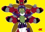  2022 4_arms alien anthro attea ben_10 breasts cartoon_network clothing duo female forced forced_exposure green_body jk looma_red_wind multi_arm multi_limb nipples not_furry omniverse red_body simple_background smile teeth undressing unusual_anatomy unusual_nipples wrist_grab yellow_background yellow_sclera 