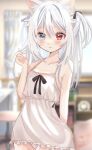  1girl animal_ears blue_eyes breasts cat_ears heterochromia highres holding holding_hair long_hair nightgown original panties red_eyes rojineco_nene sketch sleeveless small_breasts underwear white_hair white_nightgown white_panties 