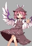  1girl animal_ears asameshi bad_anatomy bad_leg bird_ears bird_wings blush brown_dress brown_headwear dress feet_out_of_frame frilled_dress frilled_sleeves frills grey_background hat long_sleeves mystia_lorelei one_eye_closed open_mouth pink_eyes pink_hair short_hair simple_background smile solo touhou white_wings winged_hat wings 