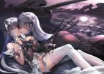  2girls :o ass azur_lane black_dress blue_eyes breast_press breasts cannon commentary_request detached_sleeves dress drop_earrings earrings emden_(azur_lane) flower flower_over_eye girl_on_top grey_hair highres holding_hands interlocked_fingers jewelry large_breasts long_hair long_sleeves looking_at_viewer lying multiple_girls on_back red_eyes red_flower red_rose reflection reflective_water rose thighhighs tongue tongue_out usuki_(graygreed) water white_dress white_thighhighs yuri 