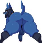  2022 absurd_res backsack balls bent_over blue_body blue_fur butt canid canine fur genitals hi_res lucario male mammal nintendo pok&eacute;mon pok&eacute;mon_(species) red_eyes simple_background sssonic2 thick_thighs video_games white_background 