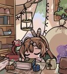  1girl ahoge bangs berry book bookshelf bowl branch brown_hair clipe closed_eyes dice_hair_ornament feather_hair_ornament feathers gavel gift gloves hair_ornament hairclip hakos_baelz hakos_baelz_(rat) hanging_plant hololive hololive_english jack-in-the-box long_hair map mortar multicolored_hair nanashi_mumei objectification package partially_fingerless_gloves ponytail pouch shelf shirt sleeping space_print starry_sky_print streaked_hair treehouse very_long_hair virtual_youtuber white_shirt 