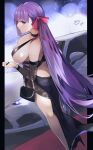  1girl absurdres ass bangs bare_shoulders bb_(fate) bb_(fate/extra) black_dress blush breasts car cleavage covered_nipples detached_sleeves dress fate/extra fate/extra_ccc fate_(series) ground_vehicle high_heels highres large_breasts long_hair looking_at_viewer motor_vehicle purple_eyes purple_hair red_ribbon ribbon sideboob smile solo tomochi_(tmc_tmc8) 